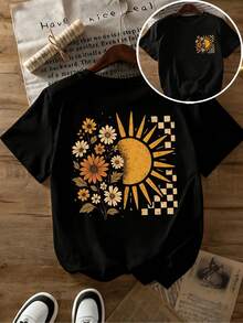 2026 New Fashion Women's Summer T-Shirt With Sunflower Print, Round Neck, Casual Short Sleeves - Black - View 1