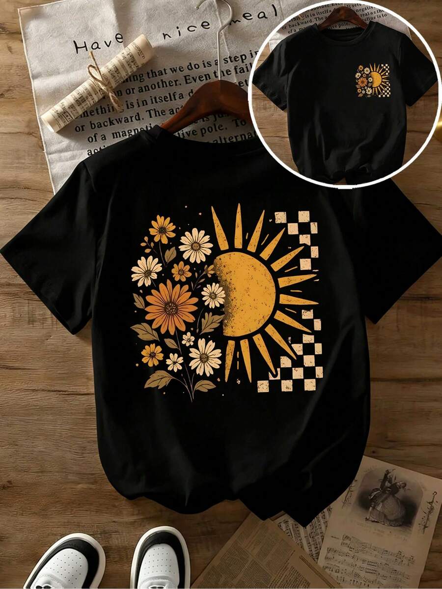 2026 New Fashion Women's Summer T-Shirt With Sunflower Print, Round Neck, Casual Short Sleeves - Black - View 1