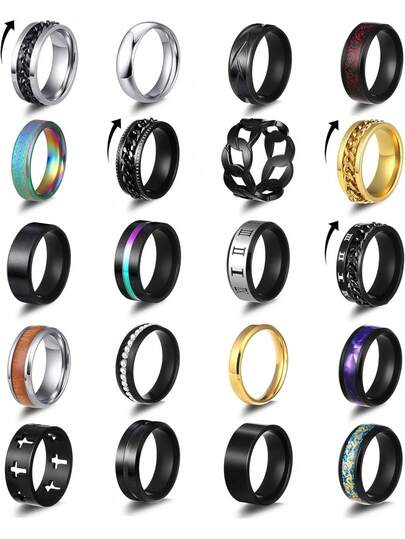 20pcs Stainless Steel Rings, Unisex, Anti-Rust & Anti-Discoloration - Anxiety Relief, Smooth Black Rotatable Ring Set, Men's Wedding Bands, Daily Engagement Promise Rings, Jewelry Gifts, Comfortable Fit, Size 7-13