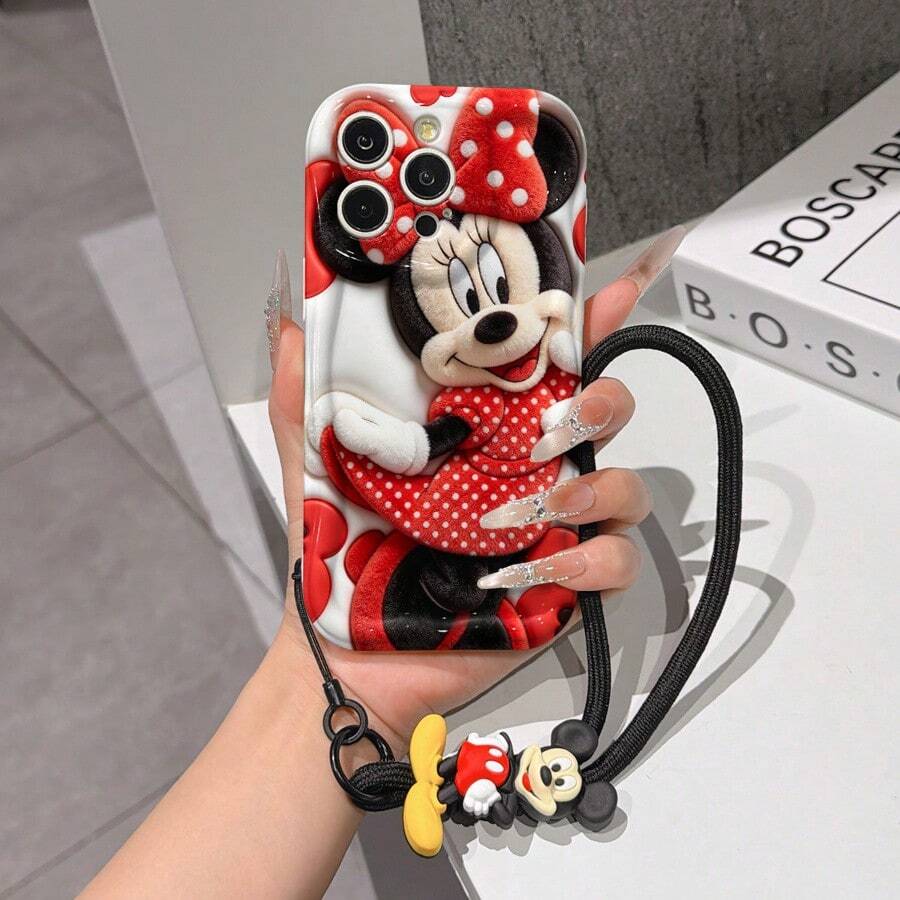 Disney Mickey Mouse Clubhouse Phone Case : 3D Fluffy Pattern Border Protector Phone Soft Phone Case With A Free Cute Mickey Bracelet Chain Lanyard, Mickey, Minnie, Goofy, Donald Duck, Daisy Duck, Pluto, For Apple 17 Promax 17 Pro 16 15 14 13 12 11 Pro Max XS Max X XR Soft Cover Summer Phone Case - 白色 - 查看 1