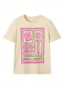 [Entrega Local]Playera Para MujerCamiseta De Manga Corta Para Mujer Con Estampado De Grafiti A Cuadros Rosa Y Verde "Bible + Beach", Suave, Transpirable Y De Corte Holgado, Estilo Dulce Y Femenino. Ideal Para Vacaciones De Verano En La Playa, Visitas A La Iglesia Y Salidas Informales Con Amigos. - Albaricoque - Ver 2