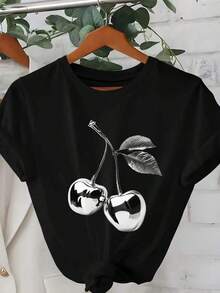Camiseta de manga corta con cuello redondo y estampado de cerezas doradas para tallas grandes - Negro - Ver 1