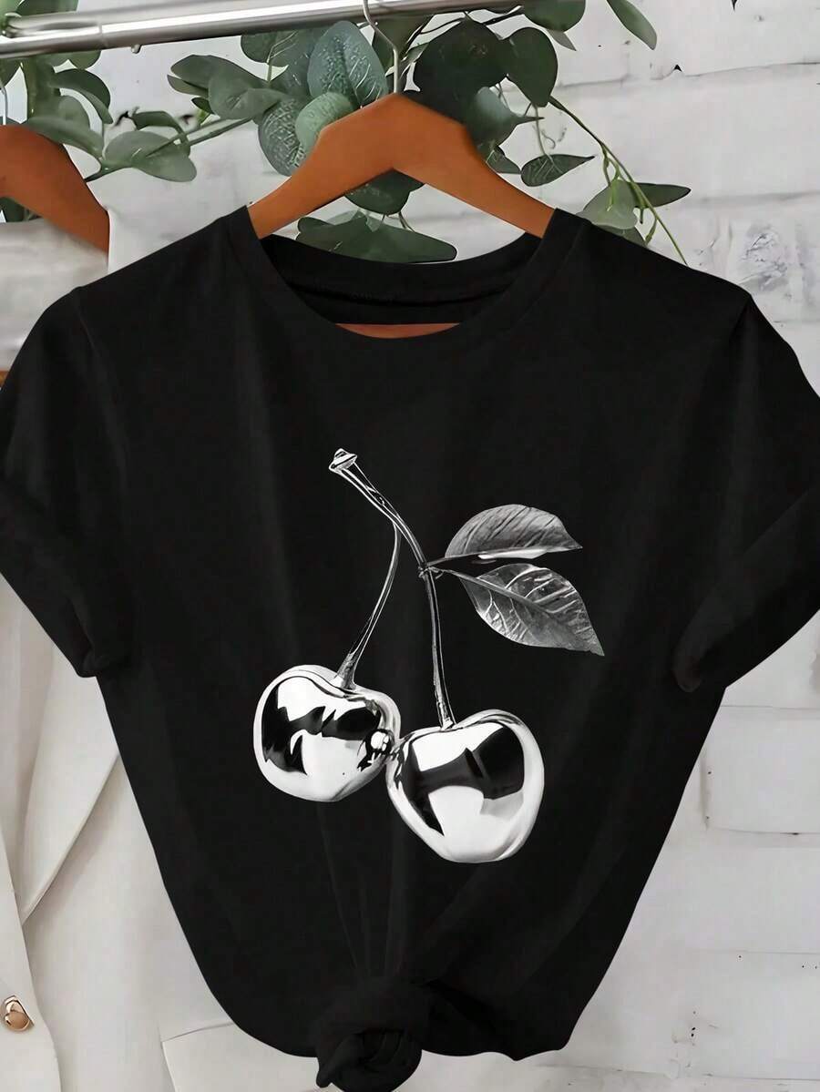 Camiseta de manga corta con cuello redondo y estampado de cerezas doradas para tallas grandes - Negro - Ver 1
