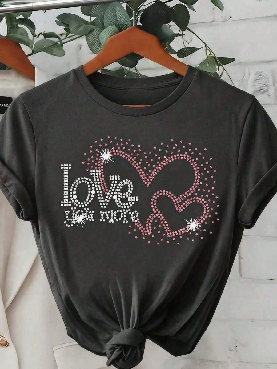 Women's Casual Short Sleeve T-Shirt With Round Neck And Heart-Shaped Rhinestone Design - 深灰色 - 查看 1