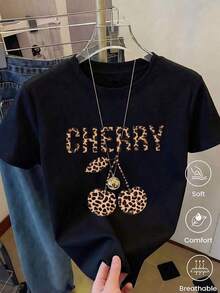 Nueva camiseta de manga corta con cuello redondo para mujeres, estación de verano, diseño de flores de cerezo con estampado de leopardo, camiseta femenina limitada de temporada, transpirable y absorbe la sudor. - Blanco y Negro - Ver 12