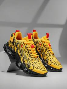 Men's Spring/Summer New Design Flame Pattern Print Outdoor Running Shoes, Personalized Mesh Breathable Comfortable Daily Sports Sneakers - Yellow - View 8
