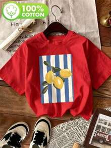 Camiseta de manga corta versátil para mujer, 100% algodón, con estampado de limones (7) Ropa de verano 100% algodón, fresca y cómoda. - Rojo - Ver 3