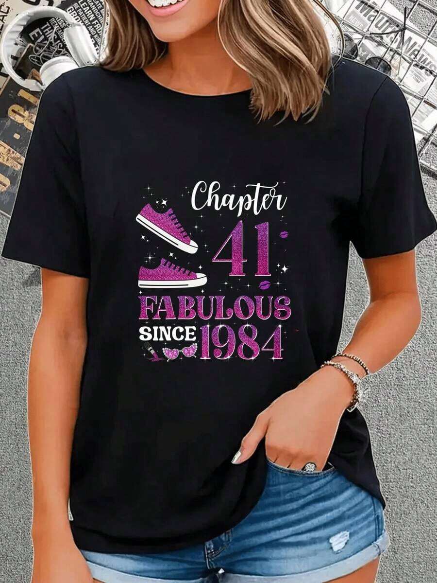 Chapter 41 Fabulous Since 1984 Women's Crew Neck T-Shirt, Birthday Gift For Her, Celebrating Her 41st Anniversary, Casual Women's Clothing - 黑色 - 查看 1