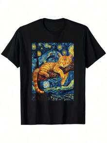 Women's T-Shirt With A Cat Print Inspired By Van Gogh's Starry Sky, Loose-Fitting Round Neck Short-Sleeved T-Shirt, Comfortable And Skin-Friendly, 100% Cotton, Suitable For Home, Travel, Business Trips, School, Commuting, Parties And Other Occasions, Suitable For All Seasons. - 彩色 - 查看 6