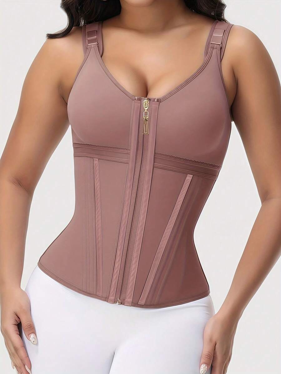 1pc Of Women'S High-Elastic Mesh Shapewear Top, , Solid Color Corset, Tummy Control Waist Trainer Vest, Waist Trainer, Zipper Design, Colombian Shapewear, Suitable For Daily Use And Various Occasions, Training Or Sports - 黑色 - 查看 1