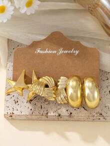 2-6-18pcs Gold Tone Fashion Earrings Set For Women. [Heart, Smooth C-Hoop, Vertical Striped Shell, 3D Pentagram, Braided Shell Triangle, Moon, Crescent Shell, Twist Design] Suitable For Shopping, Short Trips, Dates, Afternoon Tea, Beach Vacations, Long Journeys. Versatile Outfit Accessory. - Gold - View 4
