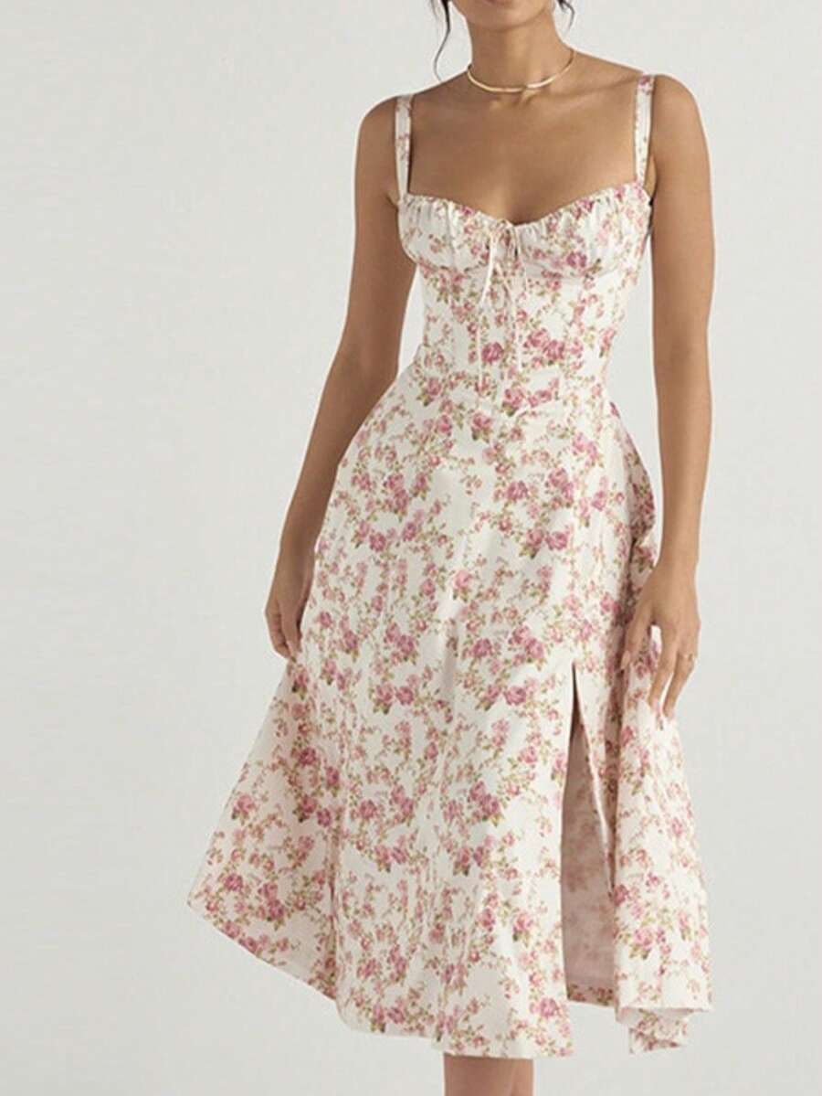 French-Style Long Strapless Dress With Soft Flowers - Gold - View 1