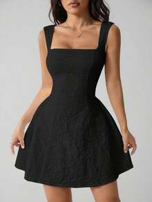 Vestido midi sin mangas de color blanco sólido para mujer, simple y casual para uso diario - Negro - Ver 6