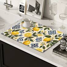 1pc Lemon Pattern Absorbent Drying Mat, Kitchen Decor Coffee Machine Pad, Beverage Coaster, Bowl Dish Drying Mat, Handmade Coffee Pot Drainer, Kitchen Floor Mat, Placemat, Tabletop Dish Drying Pad, Breakfast Mat, Heat-Resistant Anti-Slip Draining Mat, Diatomite Draining Mat, Hides Stains, Super Absorbent Kitchen Mat, Easy To Clean Dish Rack Mat, Suitable For Kitchen, Dining Table, Cafe, Bar, Holidays, Parties, Home Decor, Holiday Gifts - Multicolor - View 3