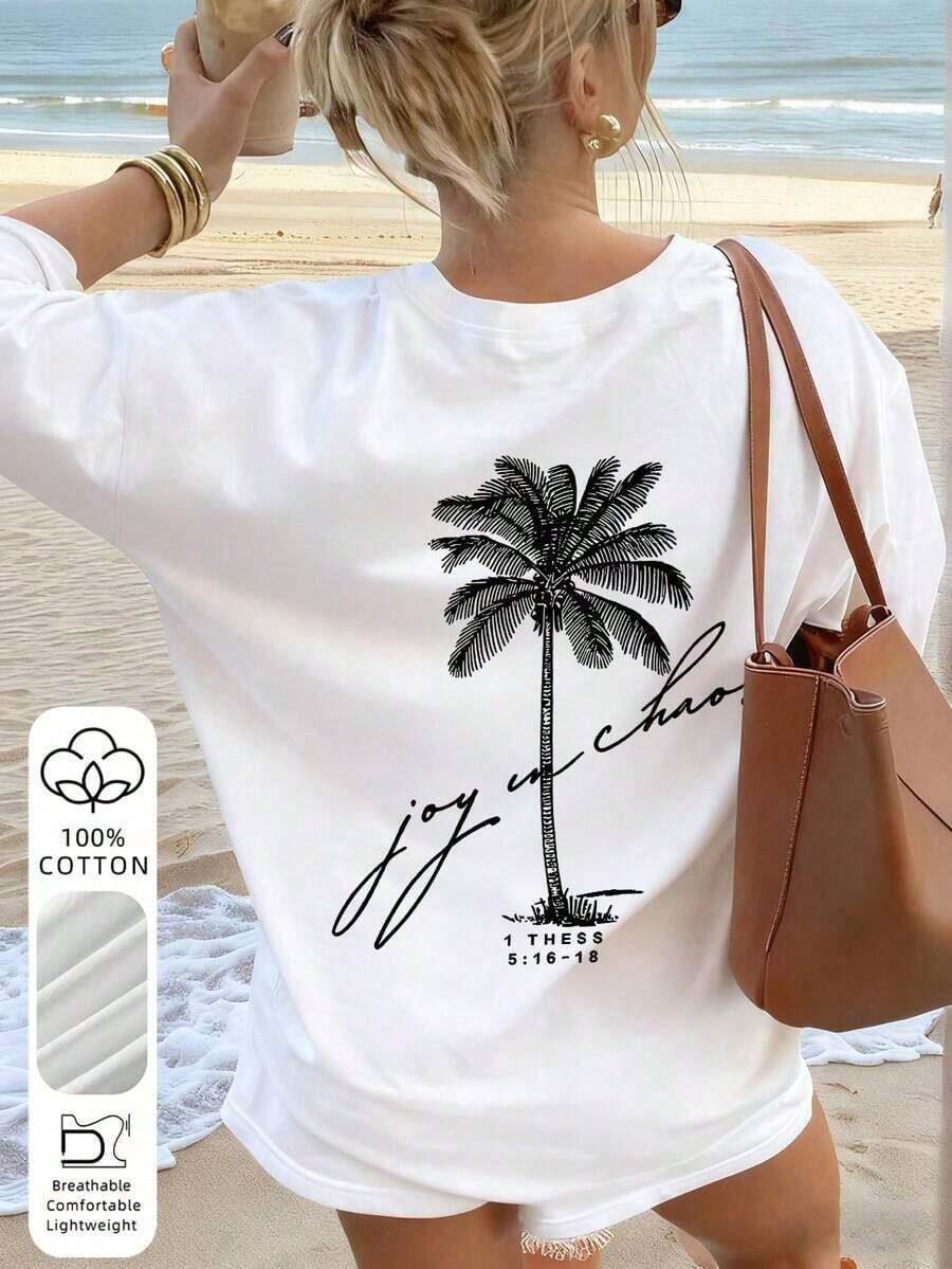 3 Camisetas de Algodón% Transpirables, Corte Holgado, Cuello Redondo, Estampado de Palmeras para Mujer, Ideales para Días de Playa, Vacaciones de Verano, Brunch, Paseos por la Playa y Ropa Casual de Verano|Moda Urbana Local de Primavera/Verano||Uso Casual Diario Primavera Verano Moderno Moldeador|Conjunto de verano para mujer, ropa de vacaciones|Blusas elegantes para mujer, ropa de primavera, blusas de verano. - Blanco - Ver 1