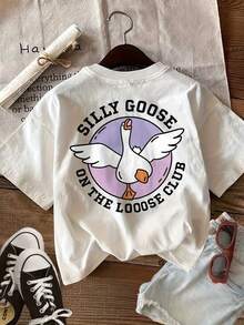 Women's Casual Loose Fit T-Shirt With "Silly Goose" Graphic Print, Breathable And Comfortable, Pure Cotton, Short Sleeve, With Fun "Silly Goose On The Loose Club" Print, Round Neck, For Casual Daily Wear, Summer Clothes, With Cute Cartoon Print On Both Sides. - 白色 - 查看 2