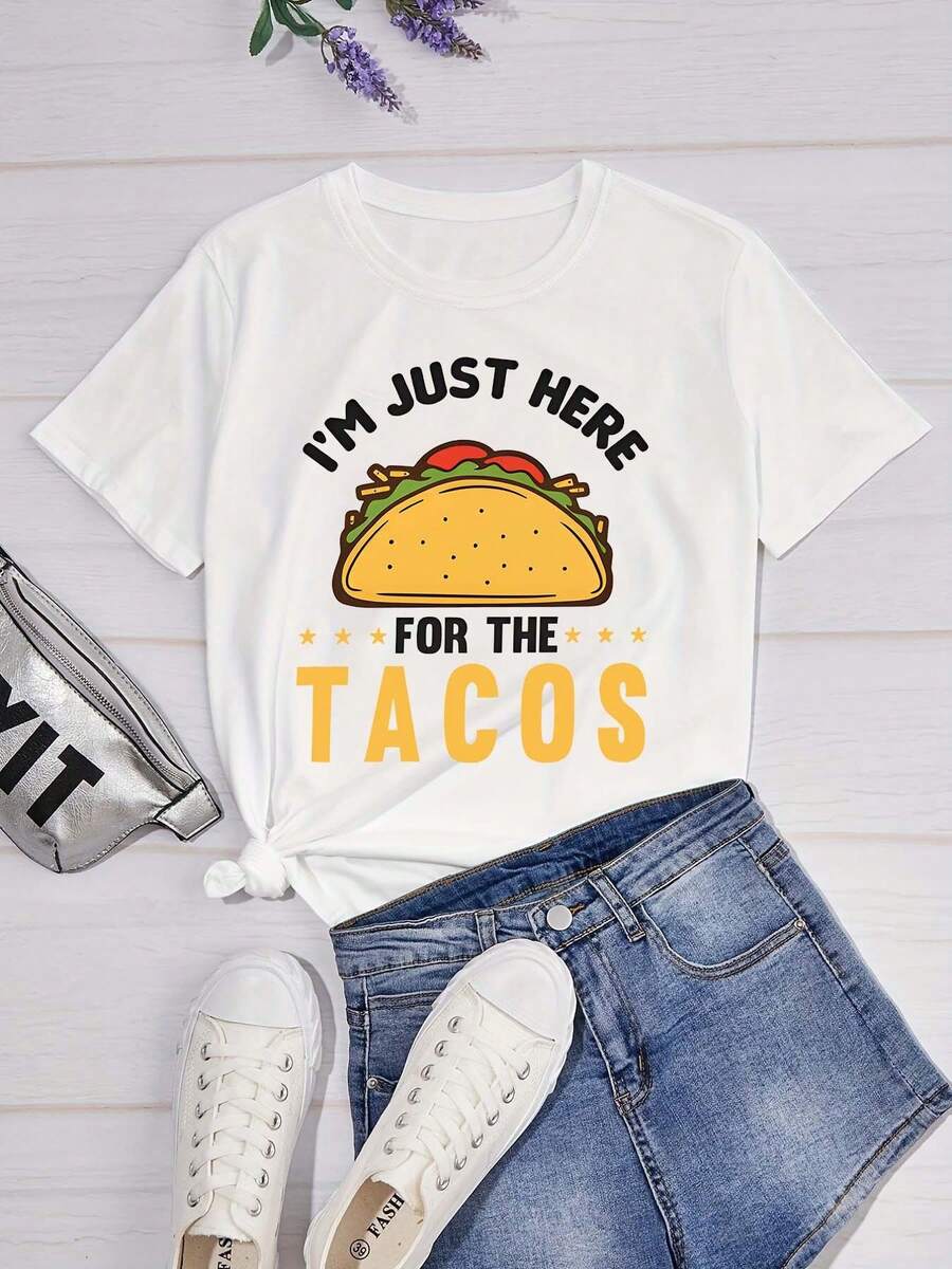Camiseta de Manga Corta con Estampado de Letras Taco, Cuello Redondo Casual, Ropa para Mujer