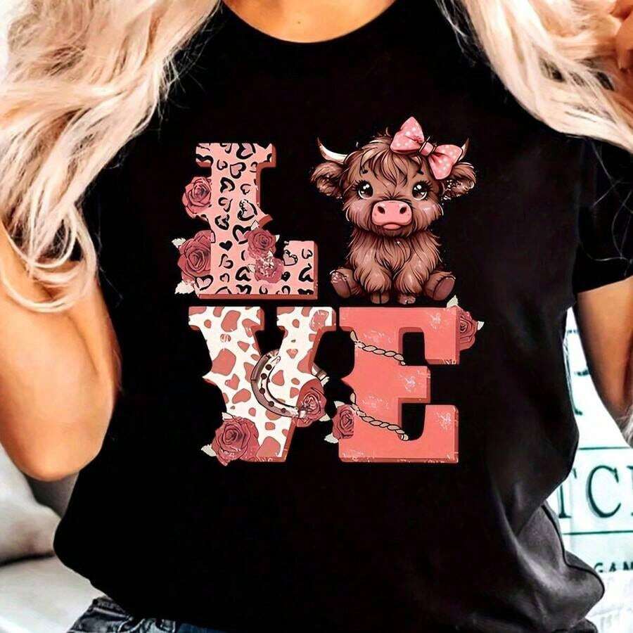 Camiseta de manga corta de cuello redondo para mujer, de tela de punto, ligeramente elástica, con un bonito diseño de vaca de las Highlands, 180 g/m²-PKDZ001 Juneteenth, uso diario, estilo gráfico moderno, rendimiento de secado rápido, ropa de viaje, ajuste unisex. - Negro - Ver 1