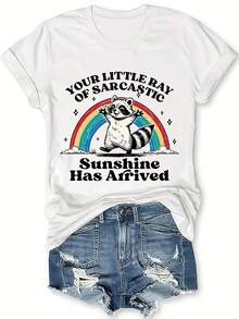 Camiseta de algodón de manga corta para mujer, con estampado de mapache sarcástico y alegre, estilo casual y a la moda, corte ajustado para primavera y verano, cuello redondo. - Blanco - Ver 1