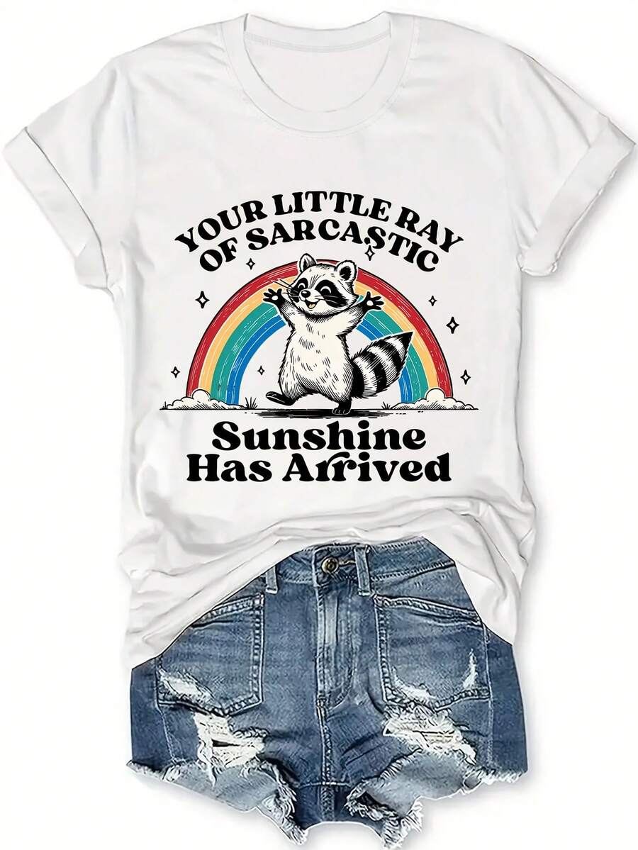 Camiseta de algodón de manga corta para mujer, con estampado de mapache sarcástico y alegre, estilo casual y a la moda, corte ajustado para primavera y verano, cuello redondo. - Blanco - Ver 1