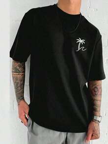 Camiseta de manga corta con cuello redondo y estampado de palmeras de moda para hombres GRDR, casual y - Negro - Ver 9