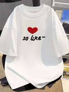 100% Cotton [Xiang Longfei Selection] Pure Cotton Short-Sleeved T-Shirt For Summer, Unisex Top For Daily Wear, Printed With Hearts And The Phrase "So Like-", Urban Casual Style. - 白色 - 查看 1