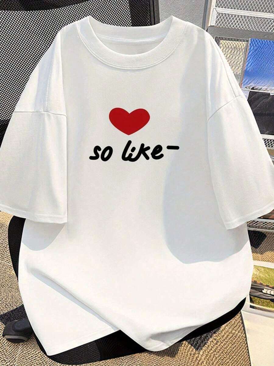 100% Cotton [Xiang Longfei Selection] Pure Cotton Short-Sleeved T-Shirt For Summer, Unisex Top For Daily Wear, Printed With Hearts And The Phrase "So Like-", Urban Casual Style. - 白色 - 查看 1