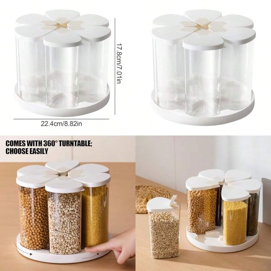 Rice and Grain Dispenser, Rotating 6-Grid Cereal Container, Kitchen Storage for Sugar, Flour, Beans, Candy, Snacks, Home, Counter, Cabinet - atributo único - Ver 1