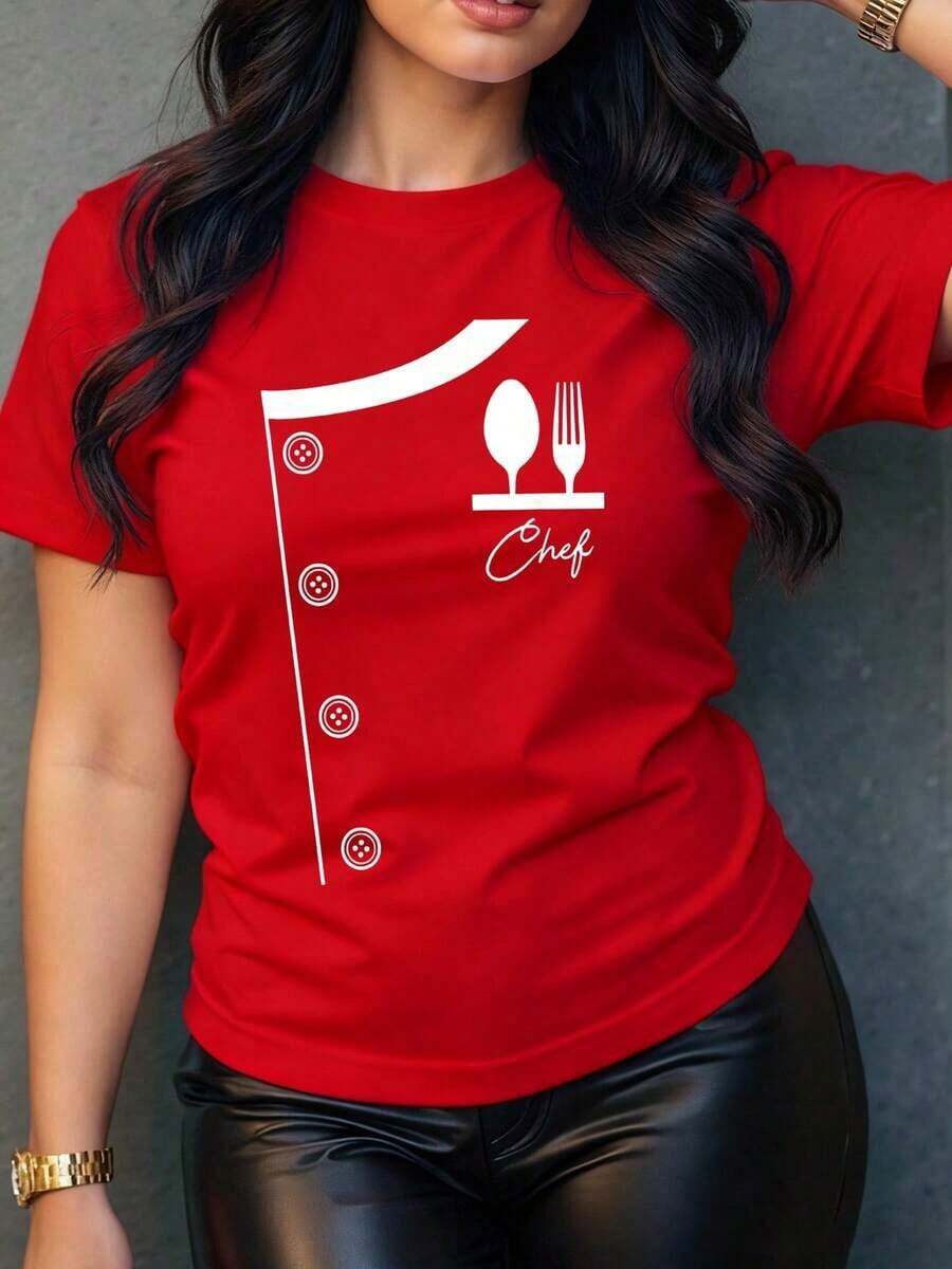 Women's 100% Cotton T-Shirt. This Women's T-Shirt Features A Fun Chef Print And A Modern Design, Perfect For Cooking Enthusiasts. Made From Soft, Comfortable Fabric, It's Ideal For A Stylish And Casual Look. Express Yourself With This Unique And Personality-Filled Garment! Lightweight, Breathable, And A Summer Best-Seller. - 紅色的 - 查看 1