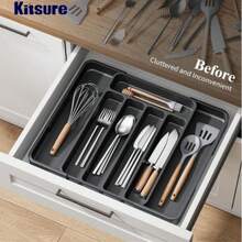 1pc Large Kitchen Utensil Organizer Rack With Expandable Drawer, Adjustable Cutlery Tray, Suitable For Storing Knives, Forks, Spoons And Spatulas - Multicolor - View 4