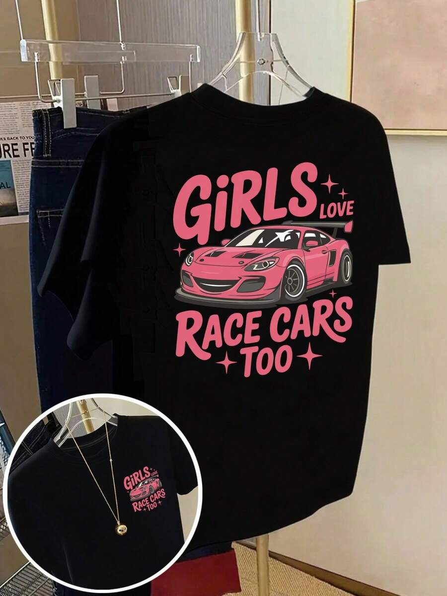 Short-Sleeved T-Shirt With Design On The Front And Back - Love Race Cars, With A Stylish Pink Car Print - A Spring And Summer T-Shirt For Women, A Fashionable Summer Item. - Black - View 1