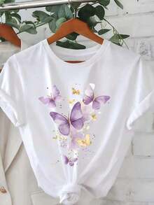 1 pieza Camiseta de mujer de cuello redondo y manga corta, minimalista y de moda, adecuada para el veranoPure-Cotton - Blanco - Ver 5