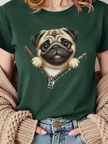 Camiseta playera gráfica dama mujer manga corta cuello redondo casual cómoda fresca ligera moderna juvenil corte regular estampado pug perro perrito dog lover cara sonriente - Verde - Ver 1