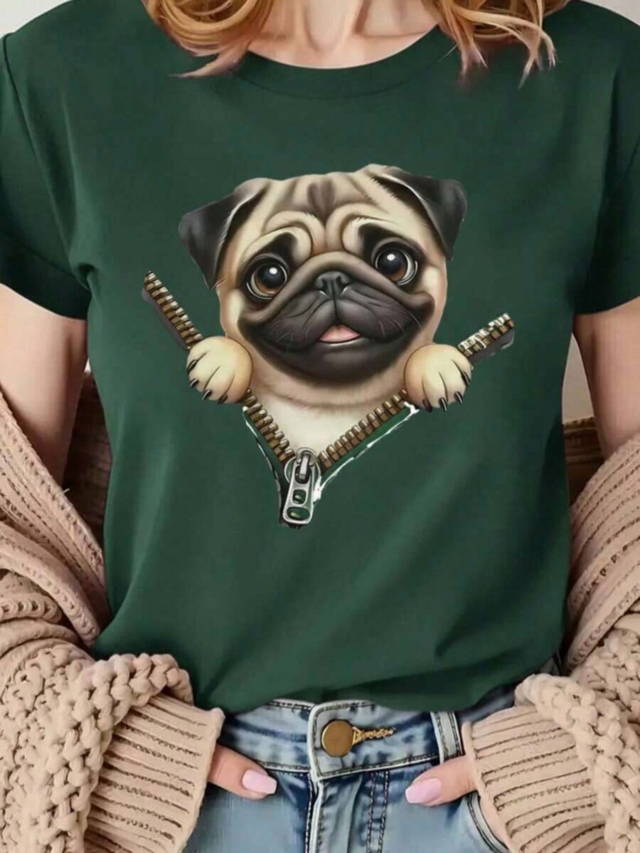 Camiseta playera gráfica dama mujer manga corta cuello redondo casual cómoda fresca ligera moderna juvenil corte regular estampado pug perro perrito dog lover cara sonriente - Verde - Ver 1