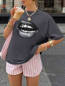 Envío gratis, entrega local enéxico, entrega en 4 días. Camiseta de verano para mujer, casual, con estampado personalizado, cuello redondo, moderna y versátil.Tops de Verano, Top Blanco, Top Rosa - Gris Oscuro - Ver 1