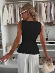 1 pieza Blusa informal de punto de unicolor con volante, rosa de verano - Negro - Ver 4