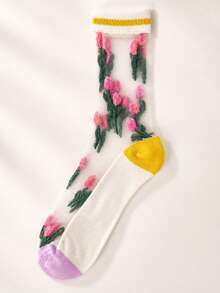 3 Pairs Vintage Floral Pattern Sheer Glass Silk Socks, Sweet & Fashionable, Breathable & Comfortable, Moisture-Wicking, Suitable For Daily Wear, Spring/Summer/Autumn - Multicolor - View 5
