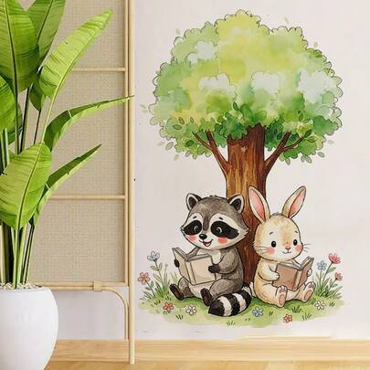 1 miếng dán tường hình hoạt hình gấu trúc và thỏ đang đọc sách dưới gốc cây, chất liệu PVC chống thấm nước, tự dính, có thể tháo rời, thích hợp cho phòng trẻ em, phòng ngủ, phòng khách, phòng học và trang trí nhà cửa.