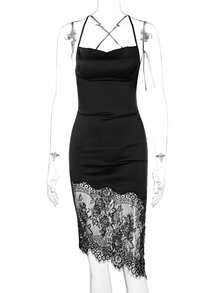 Vestido elegante con encaje combinado espalda descubierta y lazos - Negro - Ver 4