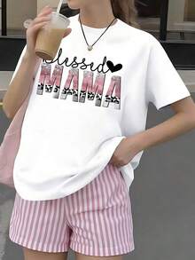 Women's White T-Shirt With "MAMA" Print In Pink Glitter And Leopard, Fashionable Short-Sleeve Glamorous Style T-Shirt, Modern Top With A Sweet Aesthetic, Ideal Gift Blouse For Mother's Day - 黑色 - 查看 6