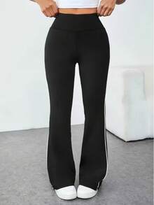 Women's Casual Sports Commuting Contrast Piping Flare Pants - Black - View 4