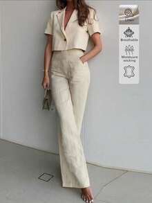 Set da 2 pezzi in lino, colore unito, elegante, casual, sexy, da ufficio, quotidiano, appuntamento, vacanza, estivo, leggero, traspirante, design, set estivo da donna, outfit estivi - Albicocca - Visualizzare 7