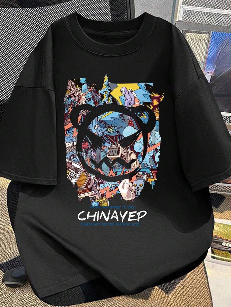 Camiseta de manga corta para hombre, estilo graffiti urbano, unisex, transpirable y cómoda. - Negro - Ver 1