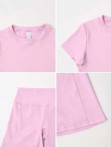 Conjunto deportivo de verano para mujer de unicolor simple con pantalón corto y manga corta - Rosa - Ver 3