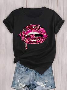 Women's Short Sleeve Cotton T-Shirt With Lip Print, Short Sleeve Sports T-Shirt, Casual Round Neck, Workout Top, Women's Activewear. - 黑色 - 查看 3