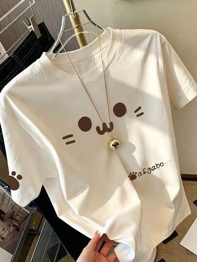 1 pieza Camiseta de manga corta con estampado para niña preadolescente, ropa juvenil estudiantil, top de verano para niños