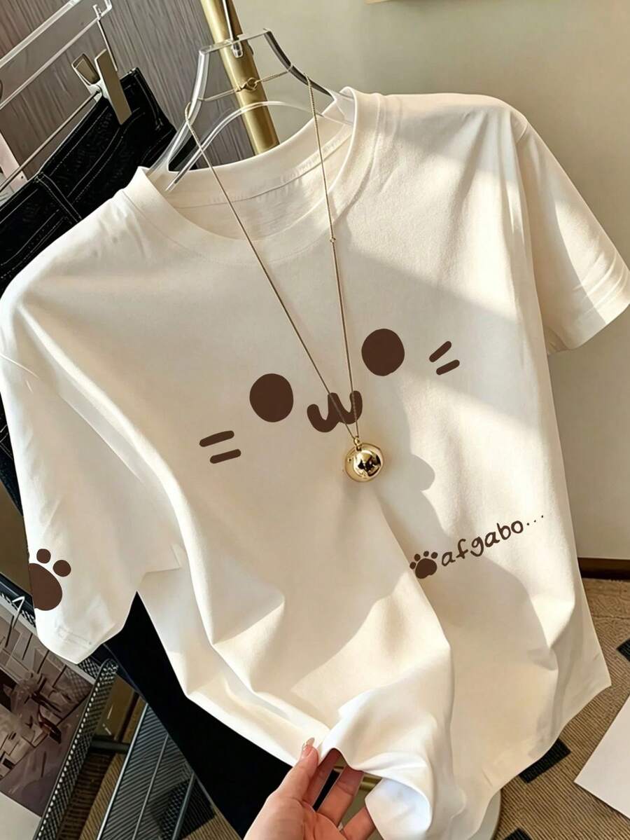 1pc Tween Girl Printed Short Sleeve T-Shirt, Student Youth Clothing, Summer Top For Kids - Apricot - View 1