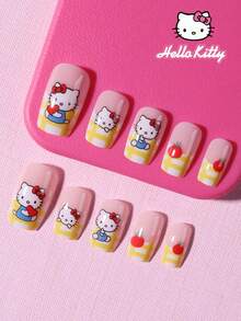 SANRIO 24片中号方形Hello Kitty 3D黄色格子法式美甲贴纸，饰有Hello Kitty、水果和爱心图案，粉嫩少女风，完美适配亚克力假指甲，包含1瓶果冻胶和1个指甲锉，适合女孩日常生活和派对使用。 - 彩色 - 查看 2
