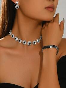 1 Set de joyería plateada, collar, aretes y pulsera con cristales de colores, diseño de moda, accesorio para vestido de fiesta, regalo para Pascua/Acción de Gracias - negro plata - Ver 4
