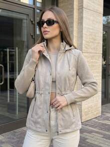Women's Suede Parka Coat, Lined, Comfortable Style, Winter Jacket, Fleece Overcoat - Màu be - Xem 2